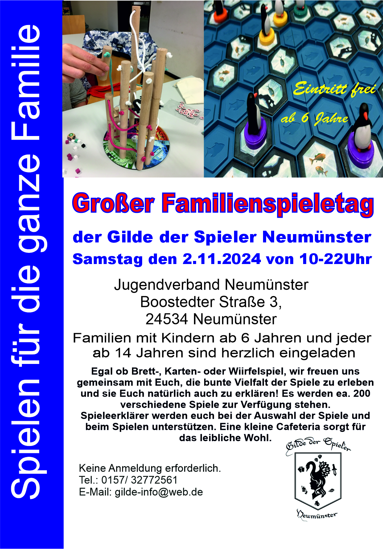 Mehr über den Artikel erfahren Großer Familienspieletag der Gilde am 2.11.2024 in den Räumlichkeiten des Jugendverband Neumünster (JVN)